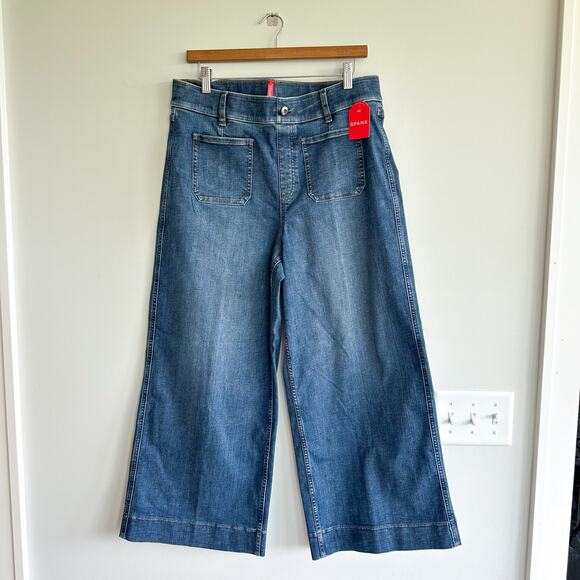 Spanx Denim Patch Pockets High Rise Cropped Wide Leg Jeans Blue XL NWT - Picture 2 of 10